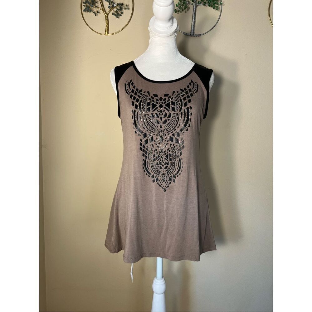 B.L.E.U. Tan Black Studded Long Tank Top w Faux Leather Shoulders Small